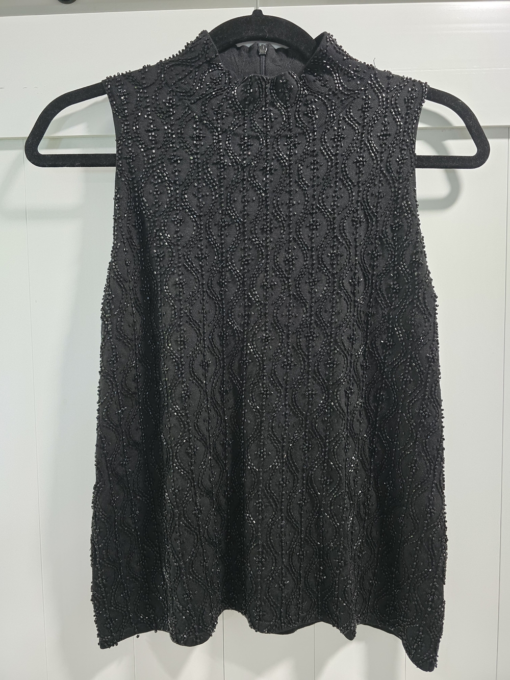 Oscar de la Renta Black Beaded Sleeveless Mock-Neck Top